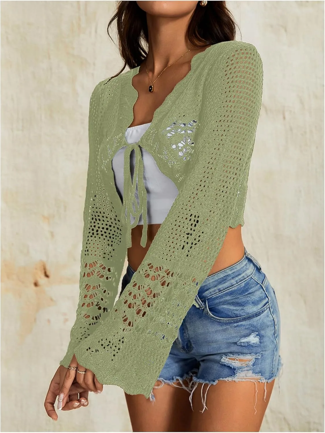 OYOANGLE Women's Hollow Out Tie Front Sweater Cardigans Flare Long Sleeve Knitted Cropped Shrug Cardigan