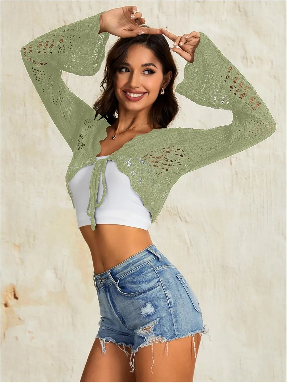 OYOANGLE Women's Hollow Out Tie Front Sweater Cardigans Flare Long Sleeve Knitted Cropped Shrug Cardigan