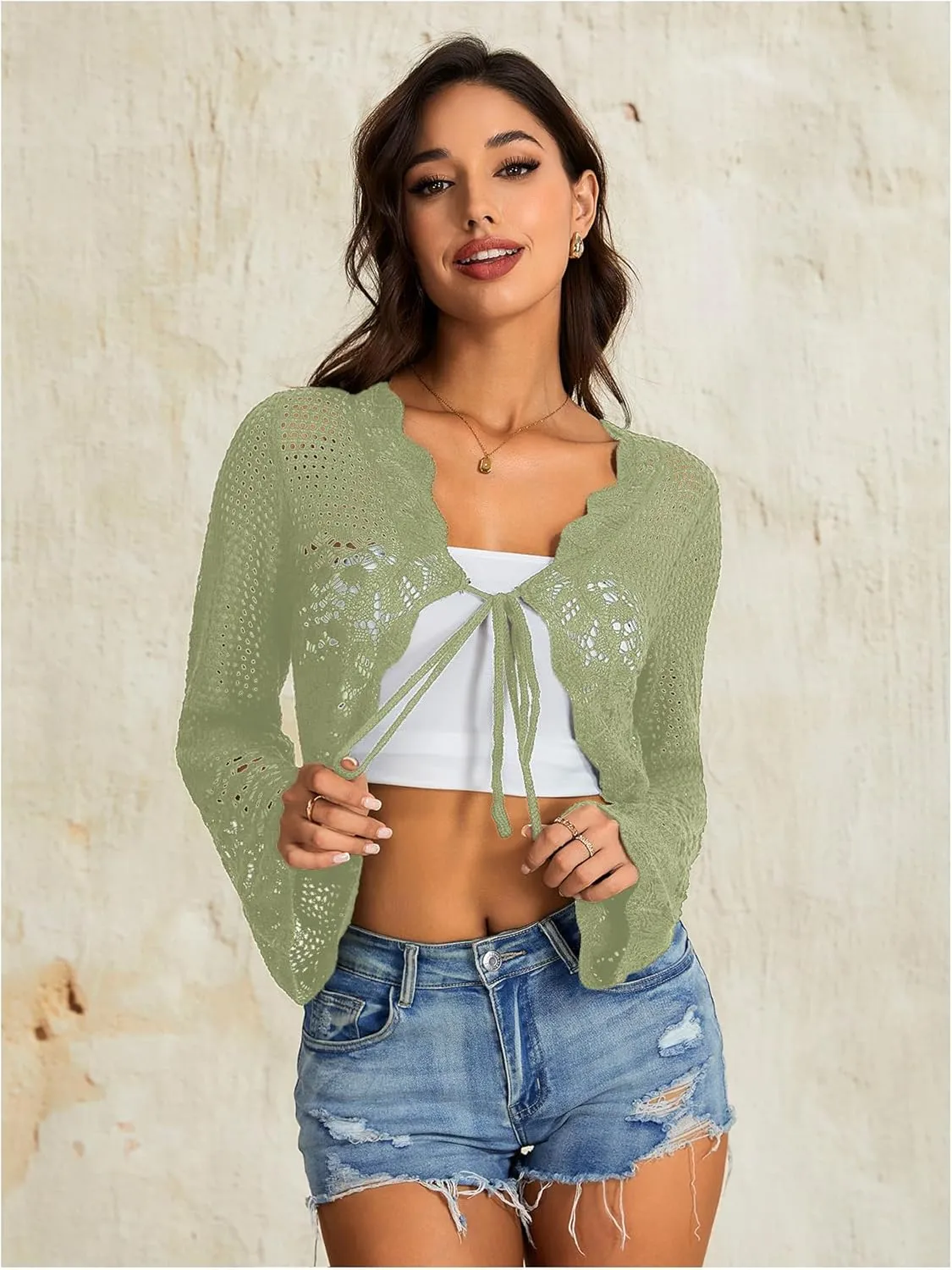 OYOANGLE Women's Hollow Out Tie Front Sweater Cardigans Flare Long Sleeve Knitted Cropped Shrug Cardigan