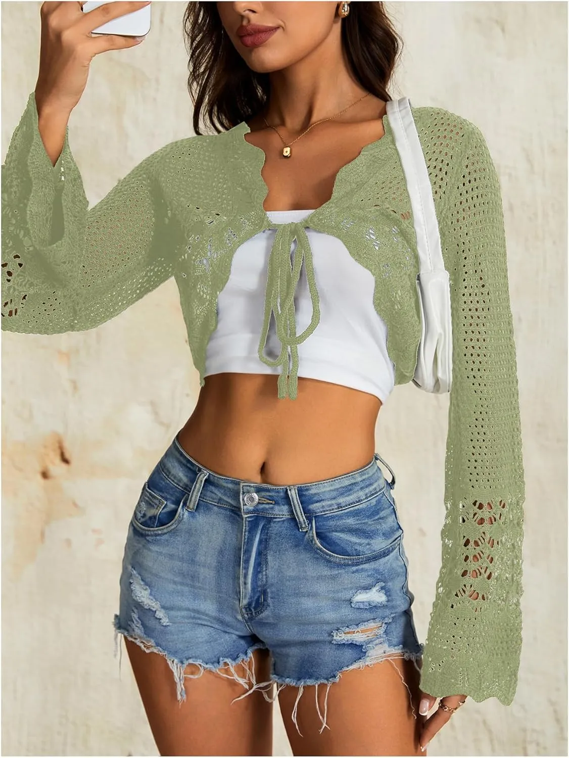 OYOANGLE Women's Hollow Out Tie Front Sweater Cardigans Flare Long Sleeve Knitted Cropped Shrug Cardigan