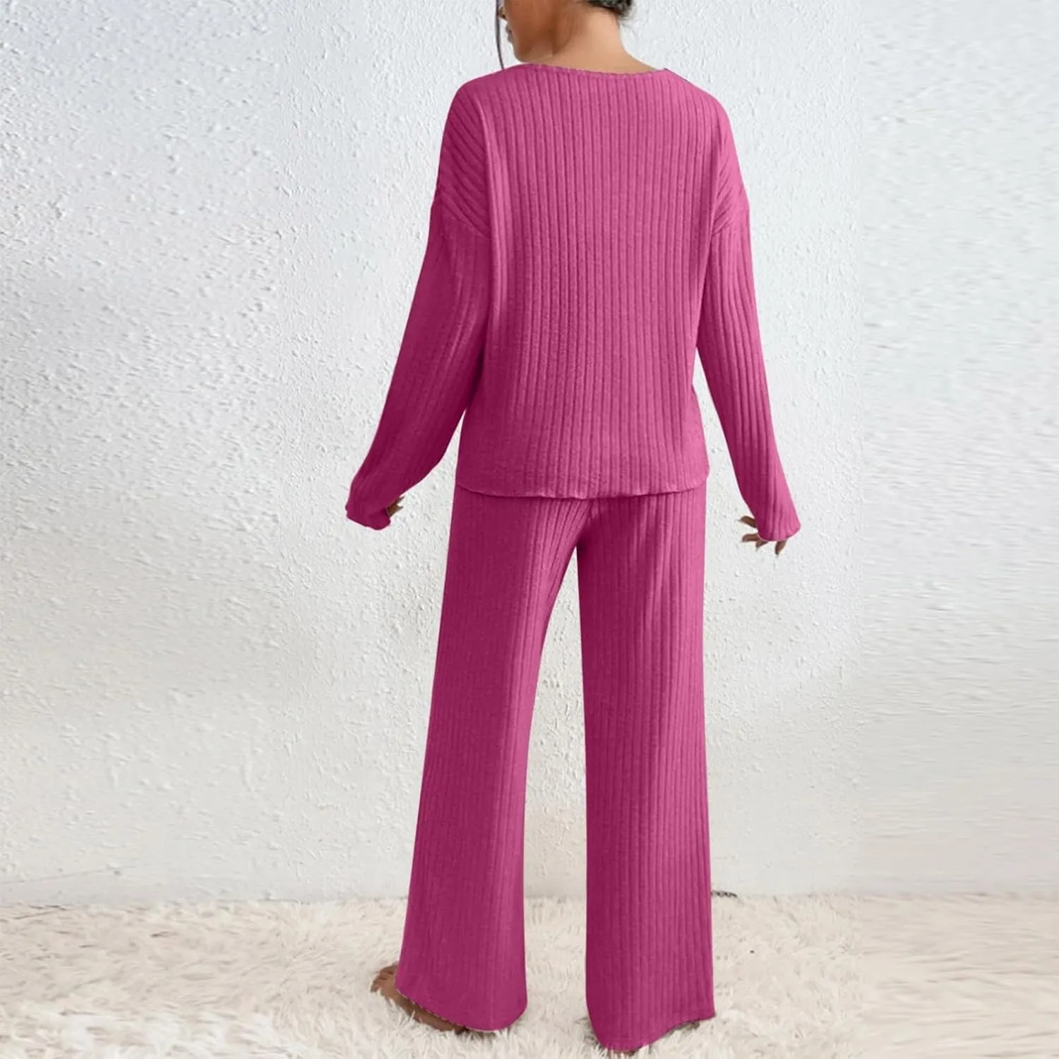 Pajamas Sets for Women 2 Piece Outfits Knit Sweater Long Sleeve V Neck Tops and Straight Leg Pants 2024 Fall Lounge Set