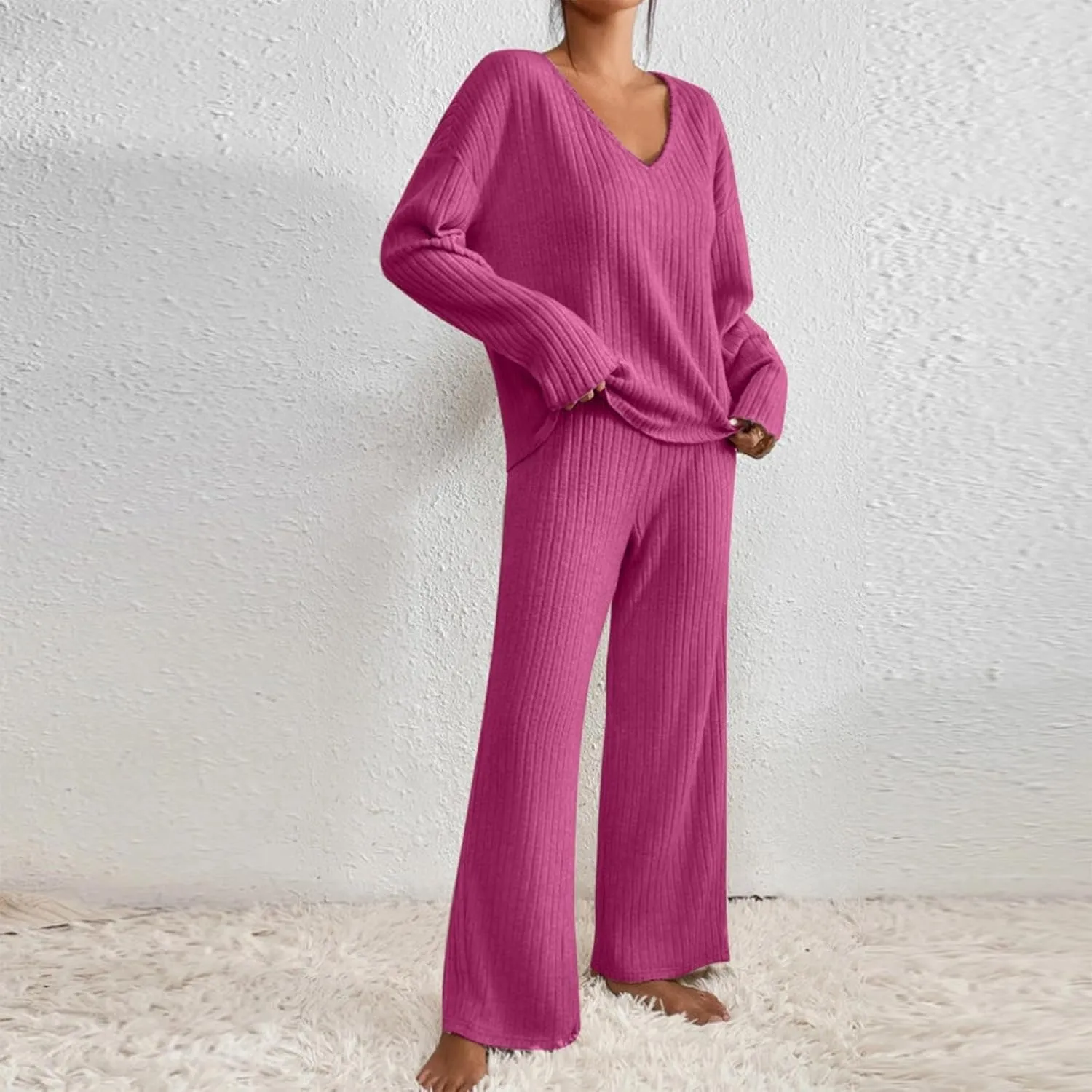 Pajamas Sets for Women 2 Piece Outfits Knit Sweater Long Sleeve V Neck Tops and Straight Leg Pants 2024 Fall Lounge Set
