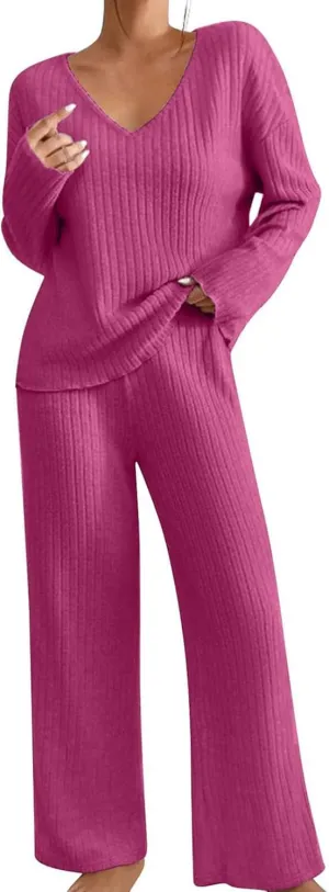 Pajamas Sets for Women 2 Piece Outfits Knit Sweater Long Sleeve V Neck Tops and Straight Leg Pants 2024 Fall Lounge Set