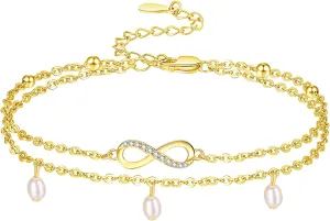Palpitate Pearl Anklet Infinity Anklet Endless Love Symbol Anklets for Women 925 Sterling Silver Layered Anklet Beach Jewelry Foot Chain for Women
