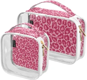 Pink Leopard Clear Makeup Bags TSA Approved Toiletry Bag for Women Men Cosmetic Bags with Zipper Carry On Airport Airline Compliant Bag Quart Size PVC Travel Bags for Toiletries Cosmetics, 2 Pack