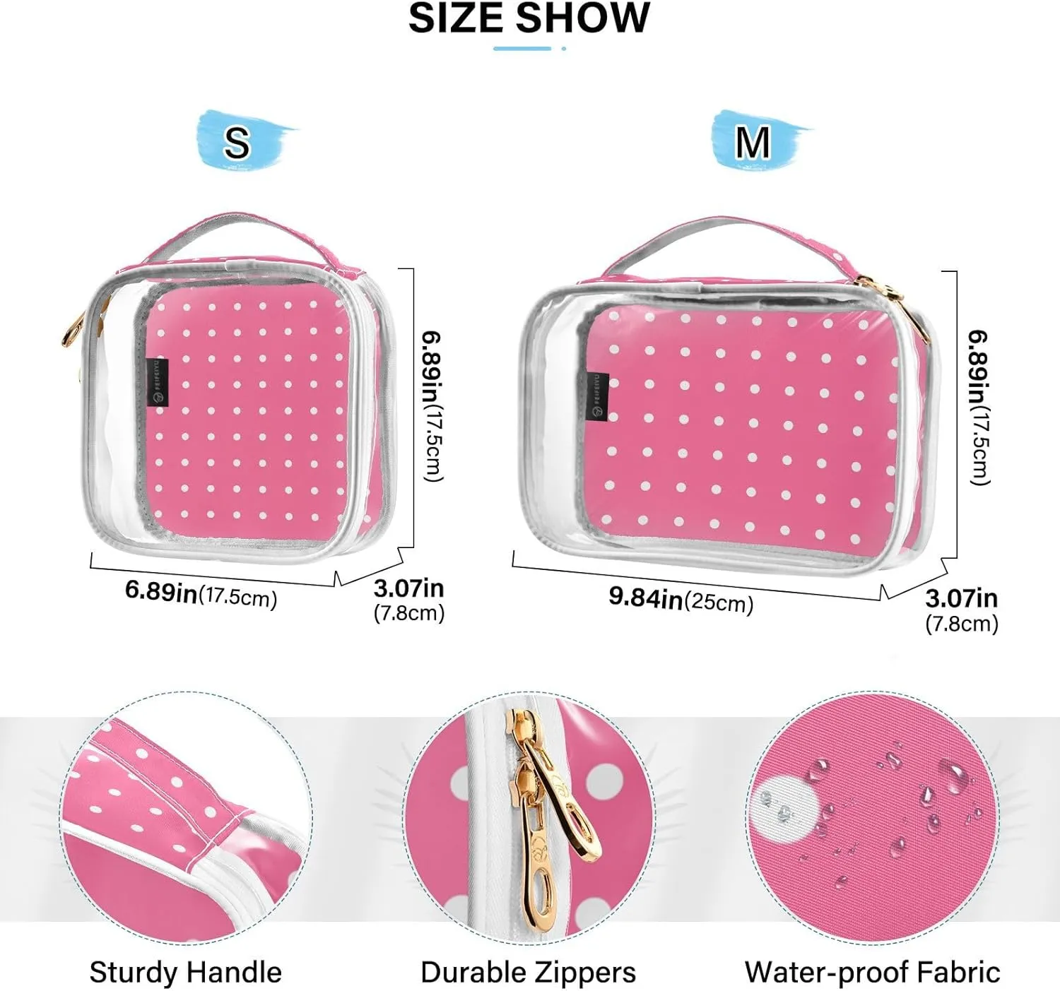 Pink Polka Dots Clear Makeup Bags TSA Approved Toiletry Bag for Women Men Cosmetic Bags with Handle Carry On Airport Airline Compliant Bag Quart Size PVC Travel Bags for Toiletries Bathroom, 2 Pack