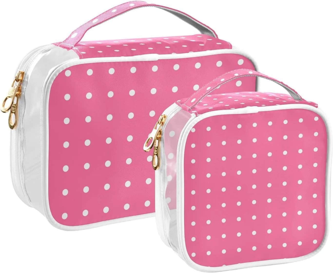Pink Polka Dots Clear Makeup Bags TSA Approved Toiletry Bag for Women Men Cosmetic Bags with Handle Carry On Airport Airline Compliant Bag Quart Size PVC Travel Bags for Toiletries Bathroom, 2 Pack
