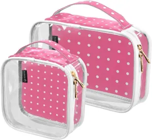 Pink Polka Dots Clear Makeup Bags TSA Approved Toiletry Bag for Women Men Cosmetic Bags with Handle Carry On Airport Airline Compliant Bag Quart Size PVC Travel Bags for Toiletries Bathroom, 2 Pack