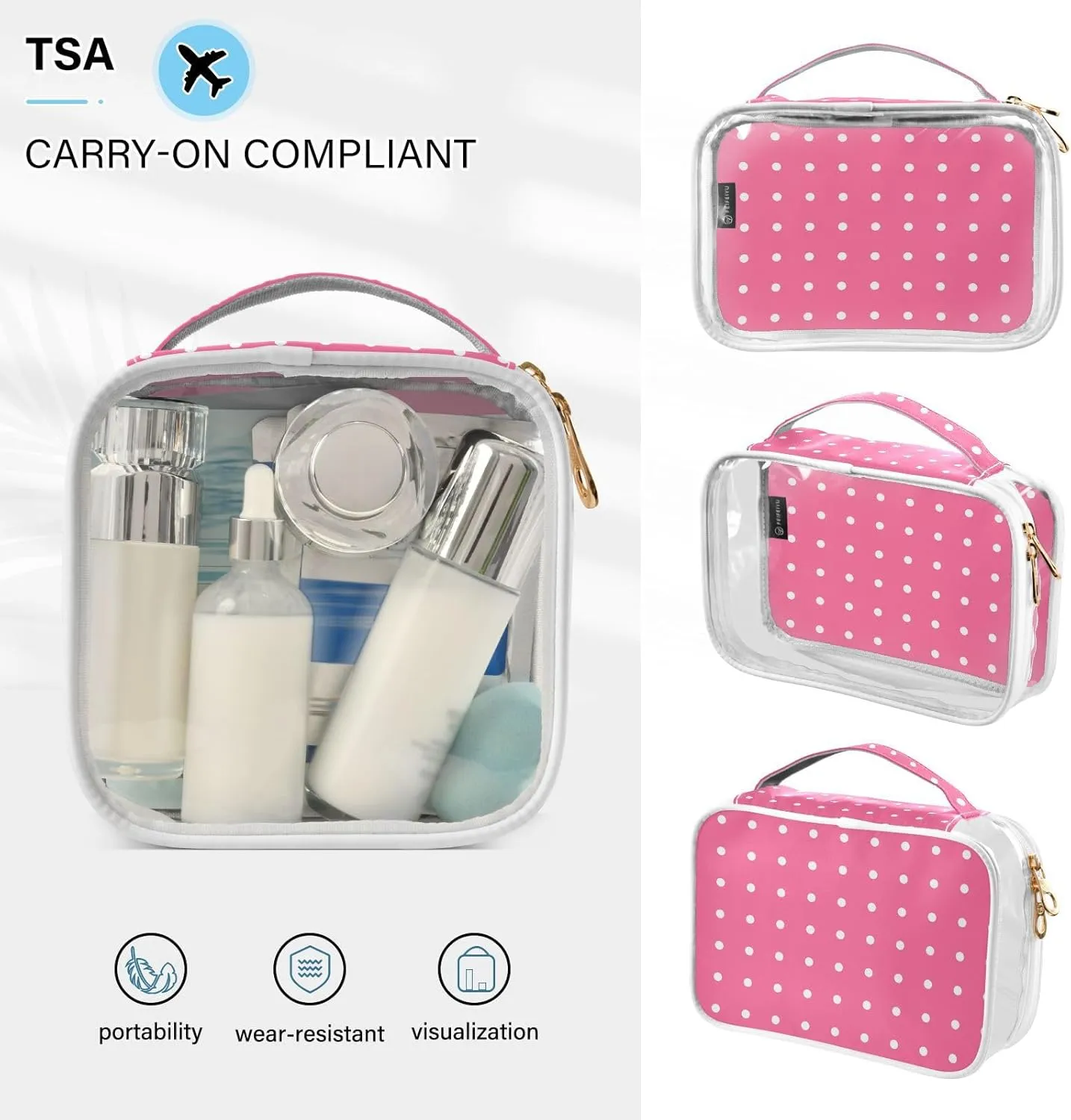 Pink Polka Dots Clear Makeup Bags TSA Approved Toiletry Bag for Women Men Cosmetic Bags with Handle Carry On Airport Airline Compliant Bag Quart Size PVC Travel Bags for Toiletries Bathroom, 2 Pack