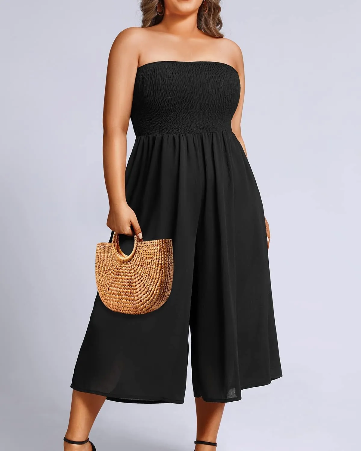 Pinup Fashion Plus Size Jumpsuits Women Cover Up Casual Off Shoulder Strapless Wide Leg Pants Romper with Pockets