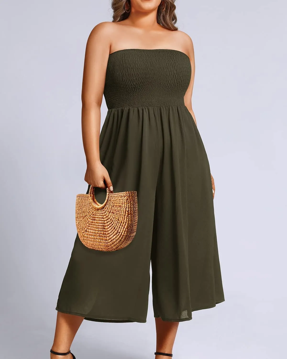 Pinup Fashion Plus Size Jumpsuits Women Cover Up Casual Off Shoulder Strapless Wide Leg Pants Romper with Pockets