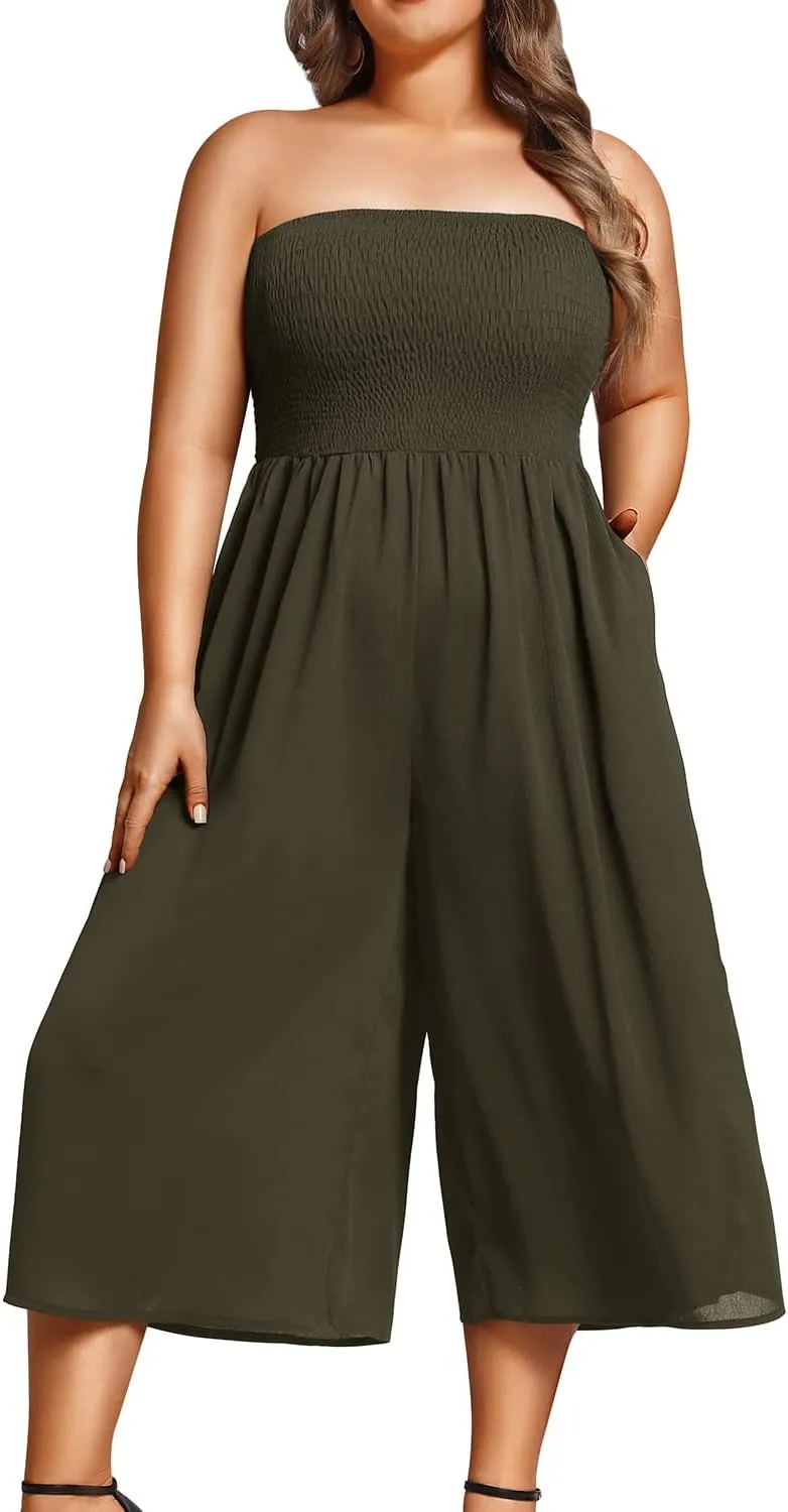 Pinup Fashion Plus Size Jumpsuits Women Cover Up Casual Off Shoulder Strapless Wide Leg Pants Romper with Pockets