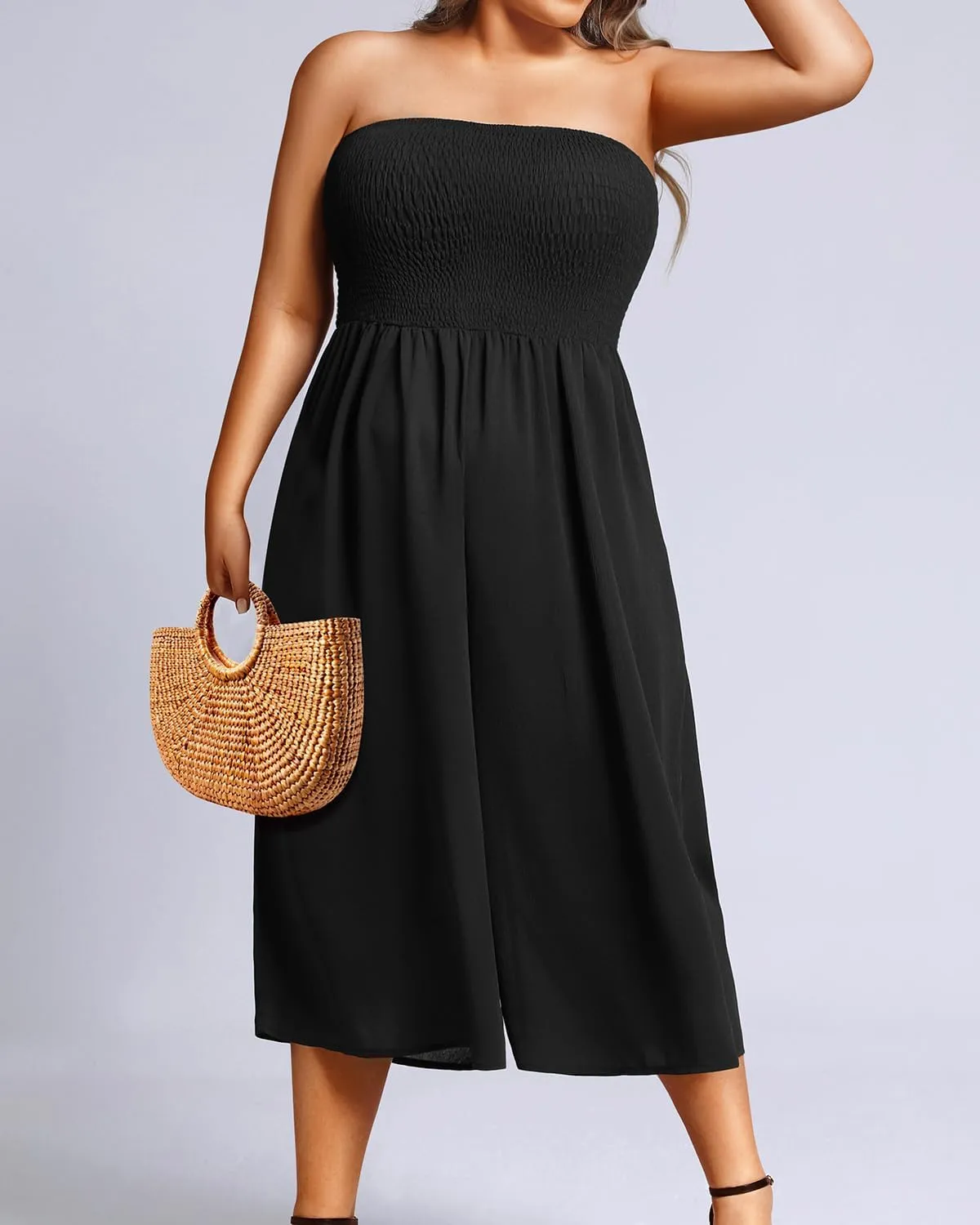 Pinup Fashion Plus Size Jumpsuits Women Cover Up Casual Off Shoulder Strapless Wide Leg Pants Romper with Pockets