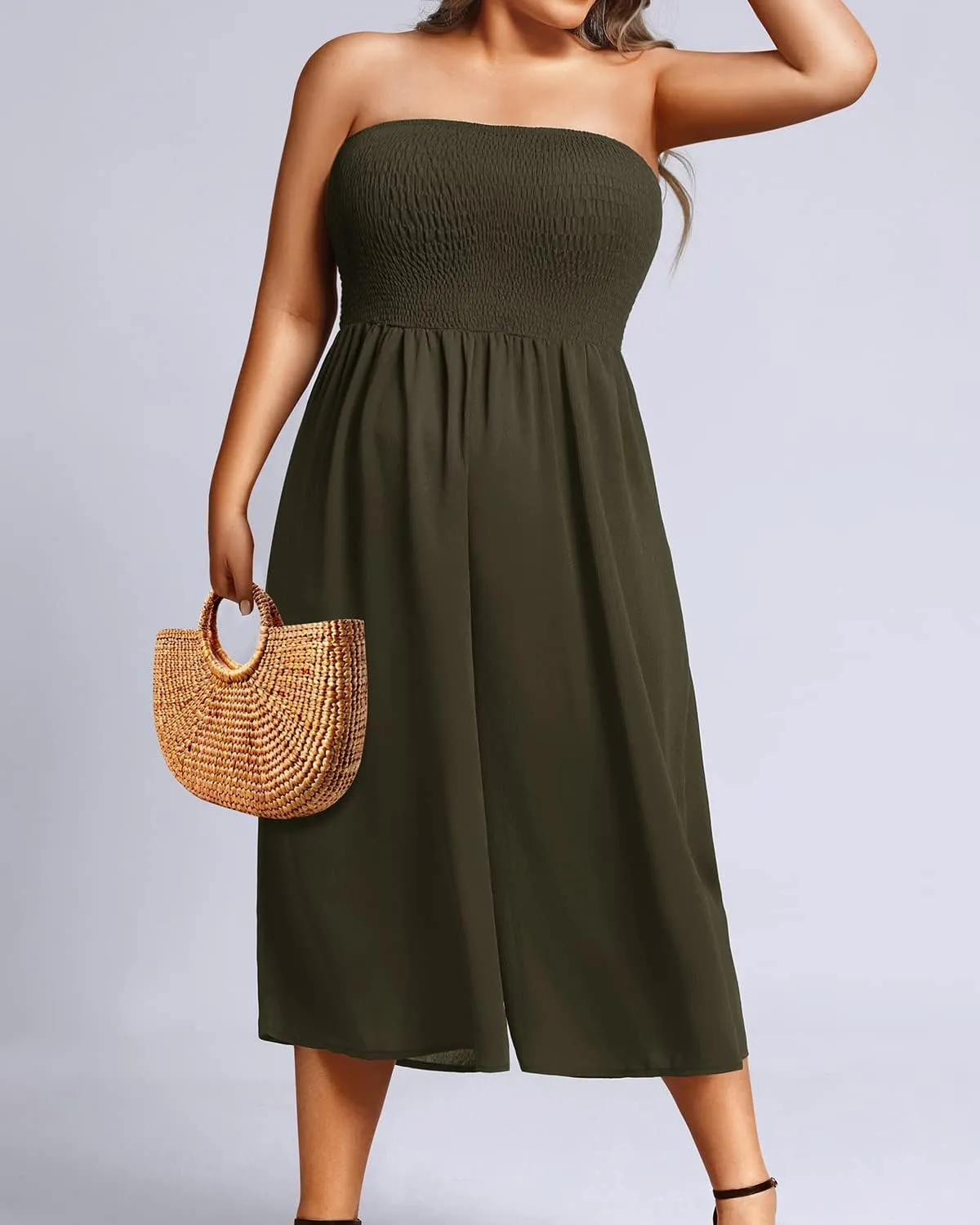 Pinup Fashion Plus Size Jumpsuits Women Cover Up Casual Off Shoulder Strapless Wide Leg Pants Romper with Pockets