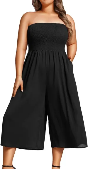 Pinup Fashion Plus Size Jumpsuits Women Cover Up Casual Off Shoulder Strapless Wide Leg Pants Romper with Pockets