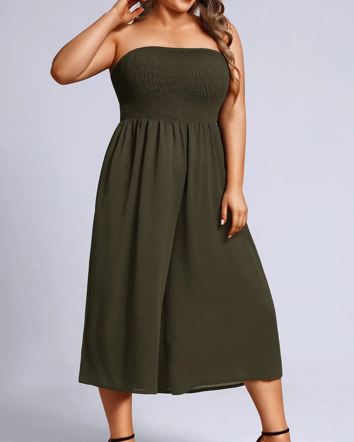 Pinup Fashion Plus Size Jumpsuits Women Cover Up Casual Off Shoulder Strapless Wide Leg Pants Romper with Pockets