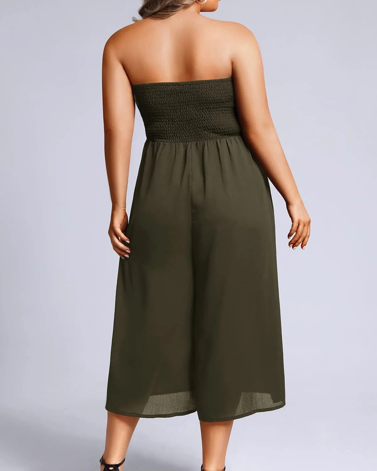 Pinup Fashion Plus Size Jumpsuits Women Cover Up Casual Off Shoulder Strapless Wide Leg Pants Romper with Pockets