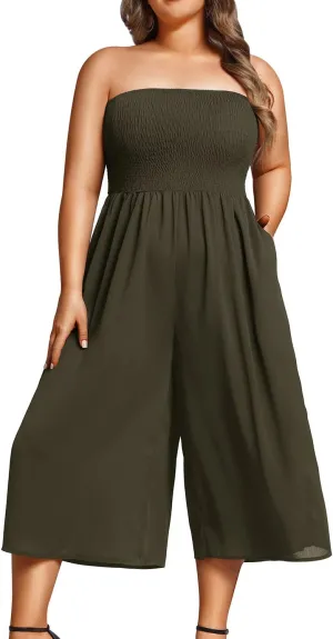 Pinup Fashion Plus Size Jumpsuits Women Cover Up Casual Off Shoulder Strapless Wide Leg Pants Romper with Pockets