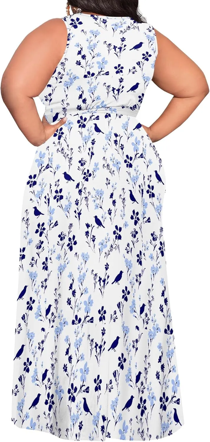Plus Size Summer Maxi Dress for Curvy Womens Empire Waist Casual Loose Sleeveless Floral Print Swing Flowy Slit Tiered Dress