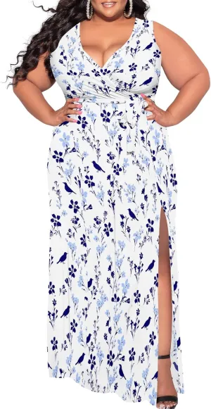 Plus Size Summer Maxi Dress for Curvy Womens Empire Waist Casual Loose Sleeveless Floral Print Swing Flowy Slit Tiered Dress