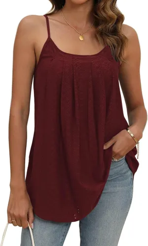 Poetsky Summer Tank Tops for Women Pleated Spaghetti Strap Camisole Loose Fit Casual Eyelet Sleeveless Shirts