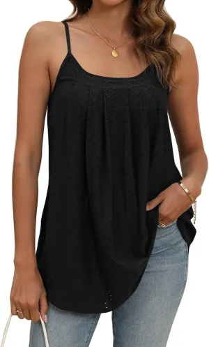 Poetsky Summer Tank Tops for Women Pleated Spaghetti Strap Camisole Loose Fit Casual Eyelet Sleeveless Shirts