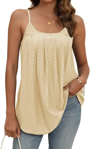Poetsky Summer Tank Tops for Women Pleated Spaghetti Strap Camisole Loose Fit Casual Eyelet Sleeveless Shirts