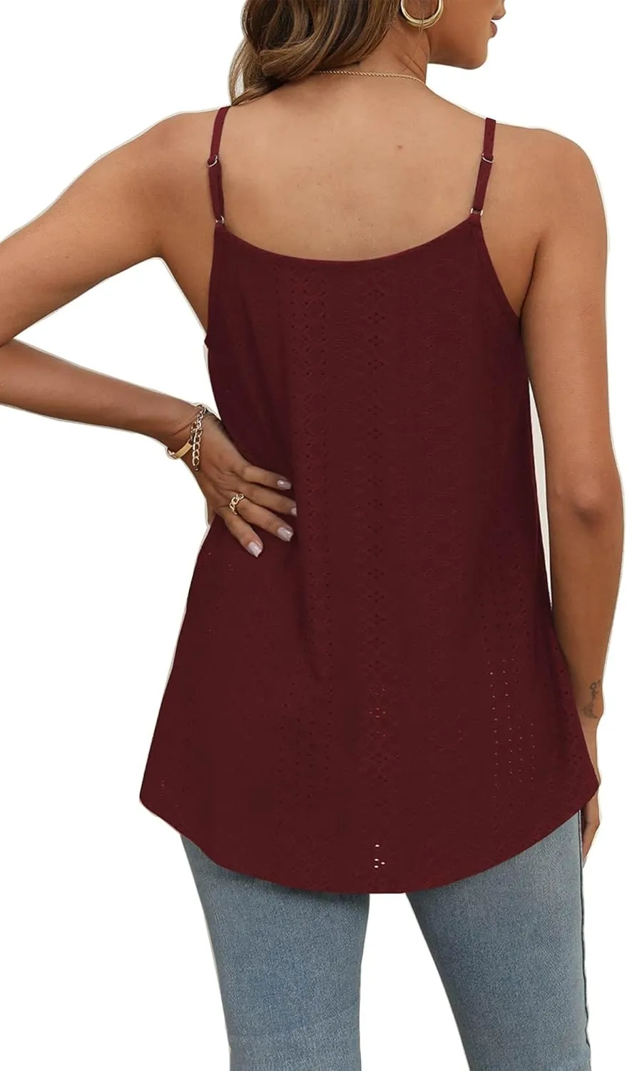 Poetsky Summer Tank Tops for Women Pleated Spaghetti Strap Camisole Loose Fit Casual Eyelet Sleeveless Shirts