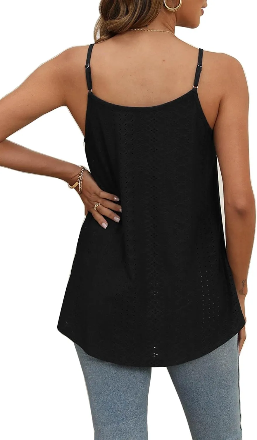 Poetsky Summer Tank Tops for Women Pleated Spaghetti Strap Camisole Loose Fit Casual Eyelet Sleeveless Shirts