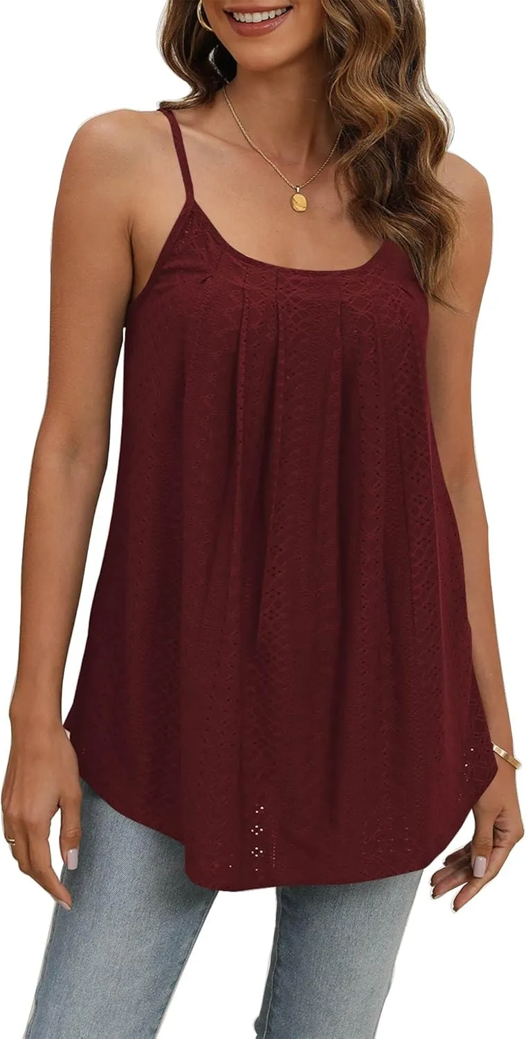 Poetsky Summer Tank Tops for Women Pleated Spaghetti Strap Camisole Loose Fit Casual Eyelet Sleeveless Shirts