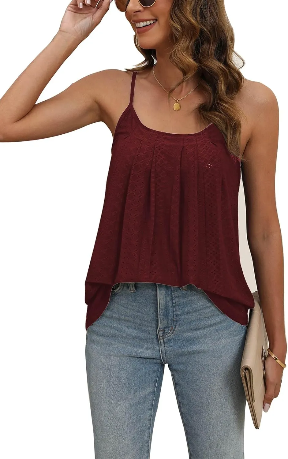 Poetsky Summer Tank Tops for Women Pleated Spaghetti Strap Camisole Loose Fit Casual Eyelet Sleeveless Shirts