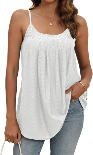 Poetsky Summer Tank Tops for Women Pleated Spaghetti Strap Camisole Loose Fit Casual Eyelet Sleeveless Shirts