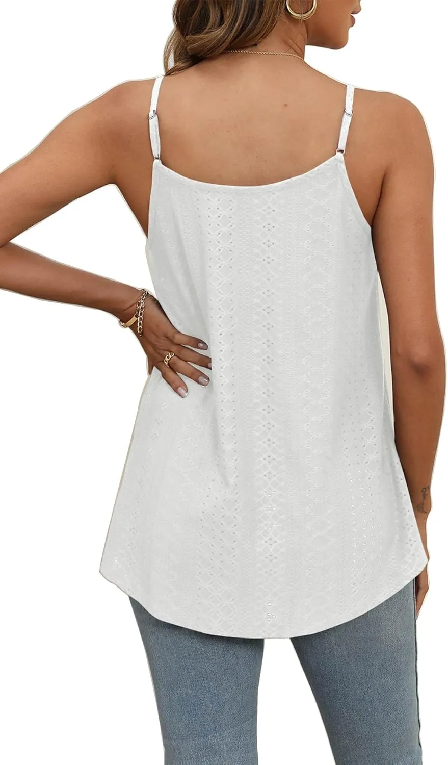 Poetsky Summer Tank Tops for Women Pleated Spaghetti Strap Camisole Loose Fit Casual Eyelet Sleeveless Shirts