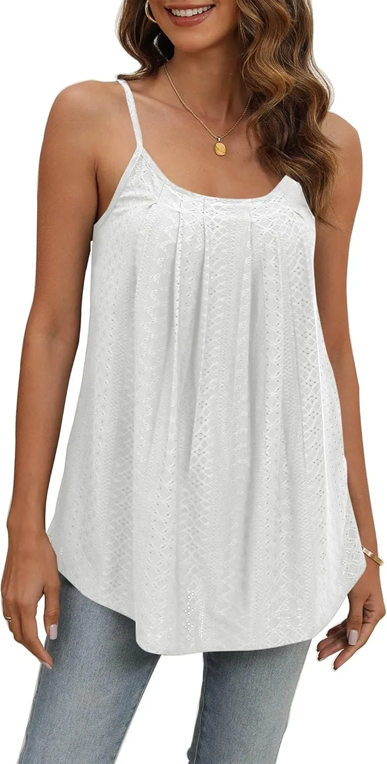 Poetsky Summer Tank Tops for Women Pleated Spaghetti Strap Camisole Loose Fit Casual Eyelet Sleeveless Shirts