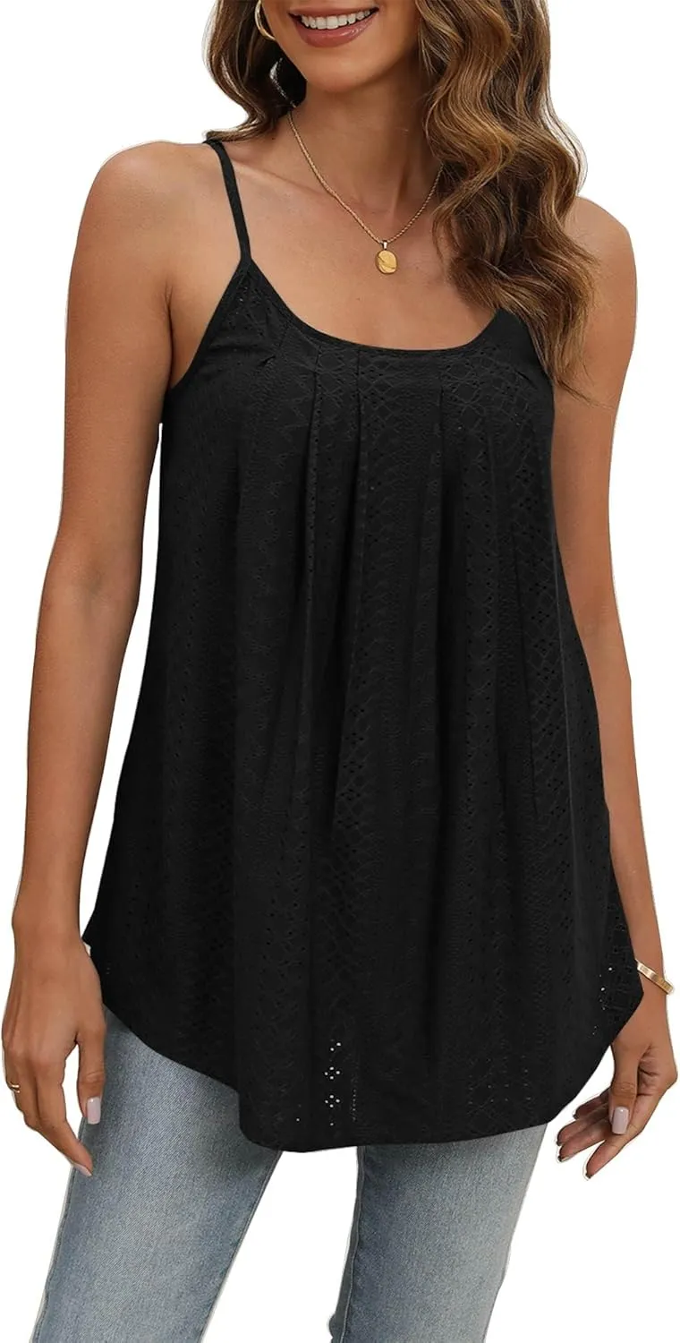 Poetsky Summer Tank Tops for Women Pleated Spaghetti Strap Camisole Loose Fit Casual Eyelet Sleeveless Shirts