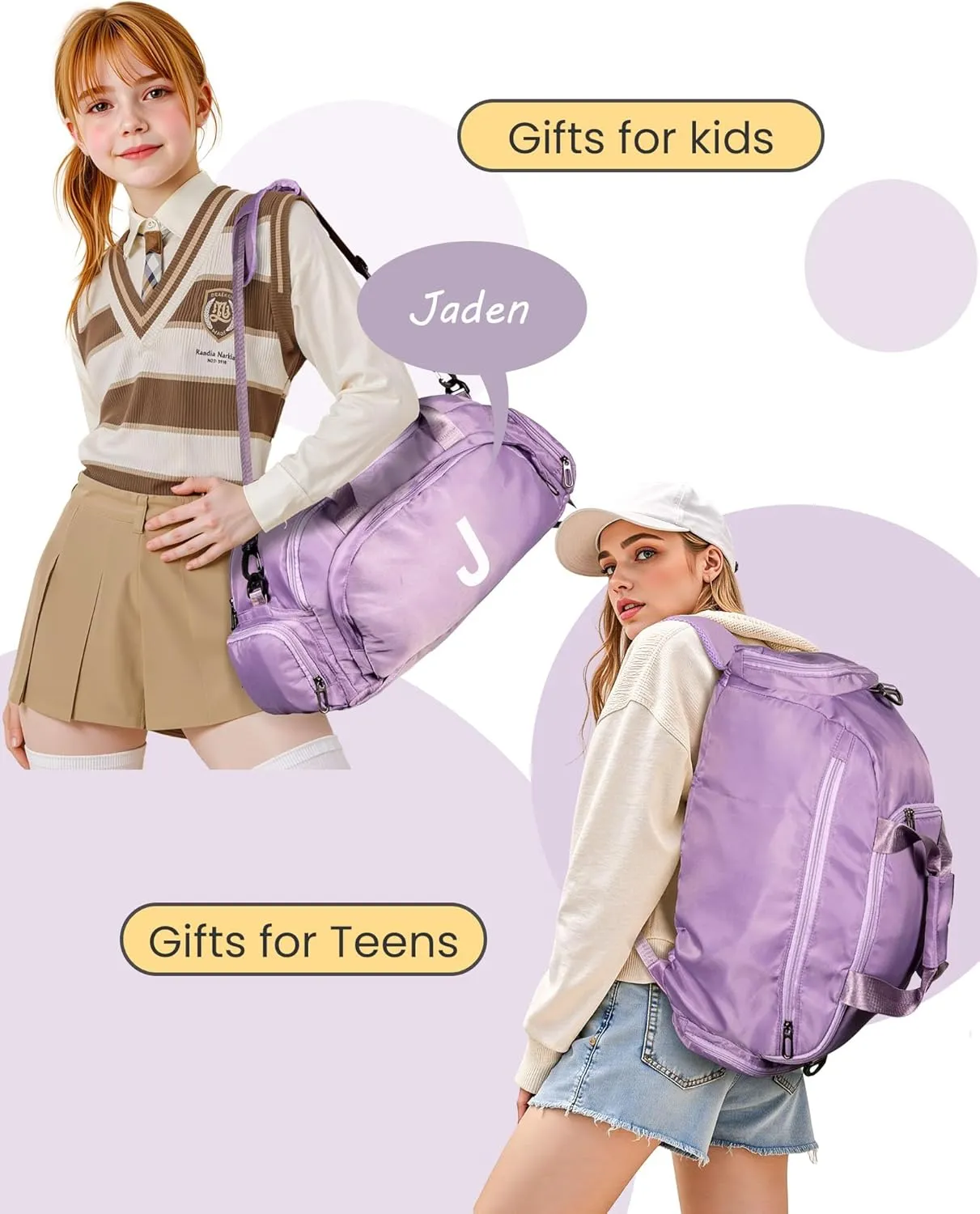 Preppy Stuff-Travel Essentials-Gifts for Girls 16-18, Initial Gym Bags with Shoe Compartment, Personalized Girl Duffel Bag, Monogram Kid Overnight Bags, Teen Weekend Bag (Letter J)