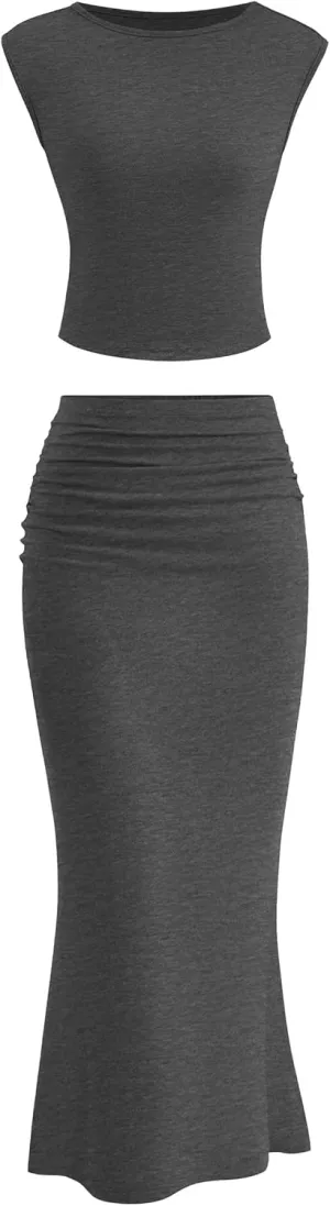 PRETTYGARDEN Summer 2 Piece Sets for Women Going Out 2025 Casual Cap Sleeve Crop Tops Ruched Maxi Long Skirts Spring Outfits