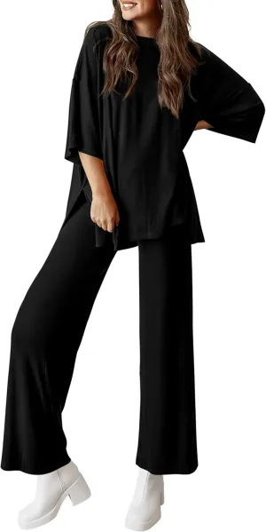 PRETTYGARDEN Women's 2 Piece Outfits Casual Short Sleeve Pullover Tops and Wide Leg Pants Lounge Sets Tracksuits