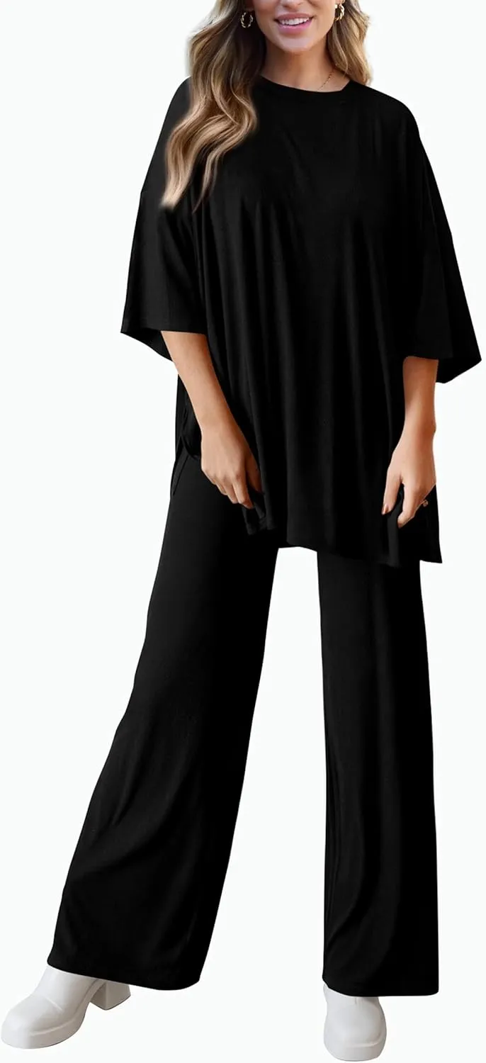 PRETTYGARDEN Women's 2 Piece Outfits Casual Short Sleeve Pullover Tops and Wide Leg Pants Lounge Sets Tracksuits