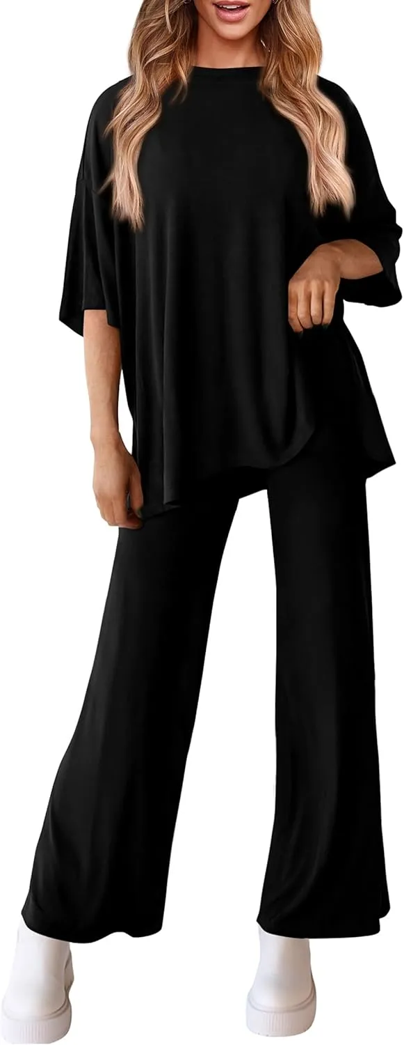 PRETTYGARDEN Women's 2 Piece Outfits Casual Short Sleeve Pullover Tops and Wide Leg Pants Lounge Sets Tracksuits