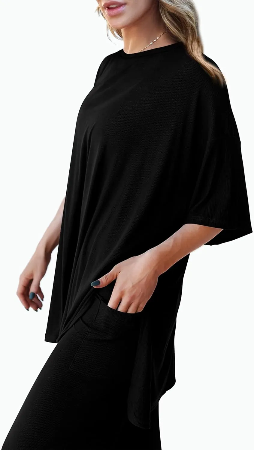 PRETTYGARDEN Women's 2 Piece Outfits Casual Short Sleeve Pullover Tops and Wide Leg Pants Lounge Sets Tracksuits