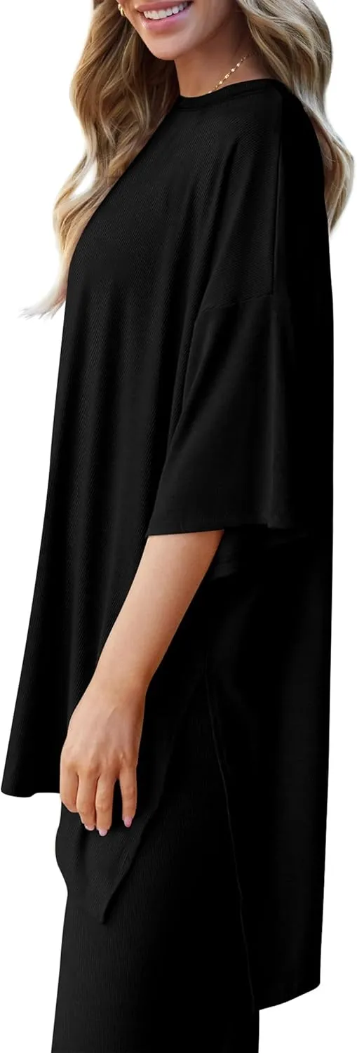 PRETTYGARDEN Women's 2 Piece Outfits Casual Short Sleeve Pullover Tops and Wide Leg Pants Lounge Sets Tracksuits