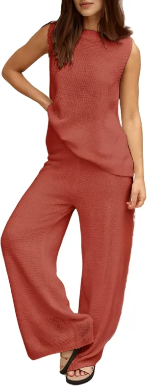 PUWEI Women's 2 Piece Lounge Set Bow Sweater Vest Wide Leg Pants Summer Matching Sets Travel Outfits Knit Tracksuit
