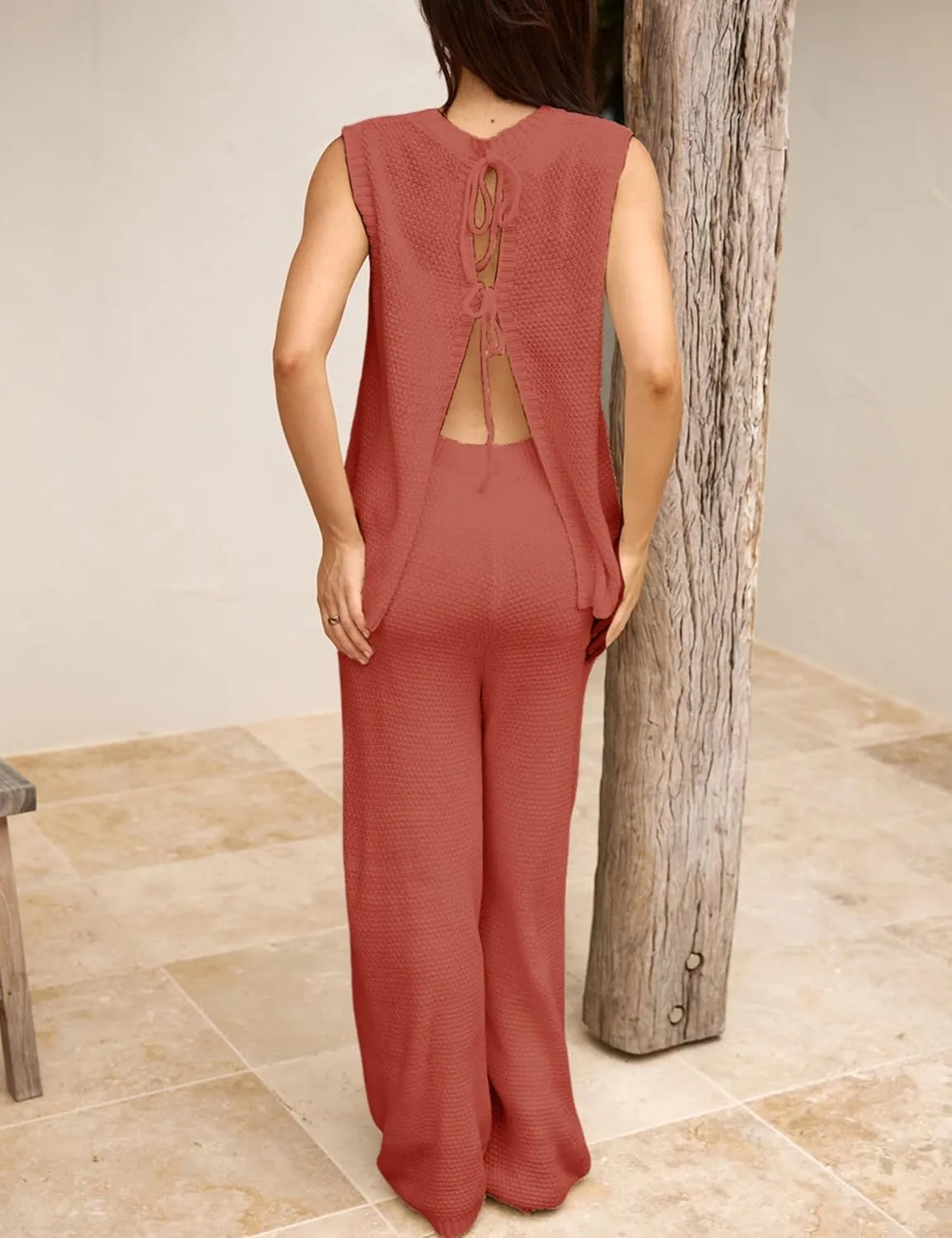 PUWEI Women's 2 Piece Lounge Set Bow Sweater Vest Wide Leg Pants Summer Matching Sets Travel Outfits Knit Tracksuit