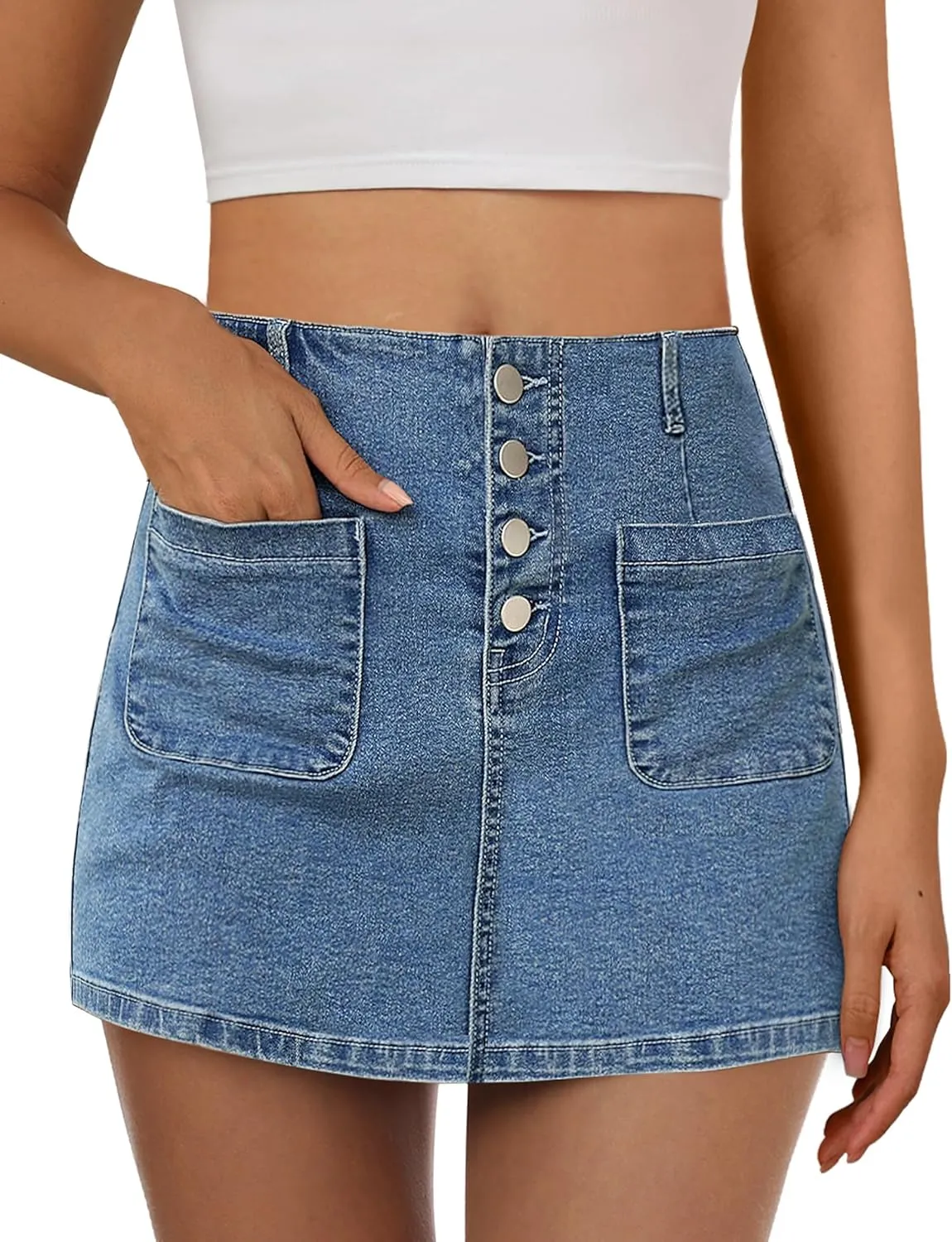 Qazel Vorrlon Women's Denim Skort Skirt High Waist Stretchy Mini Skirts with Pockets 2025 Trendy Casual Jean Skorts for Women
