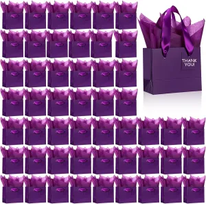 Qilery 50 Pcs Wedding Mini Paper Gift Bags Bulk with Tissue Paper Small Gift Bags with Handle and Tags for Birthday Graduation Summer Party Business(Purple,4.7 x 2.4 x 3.9'')