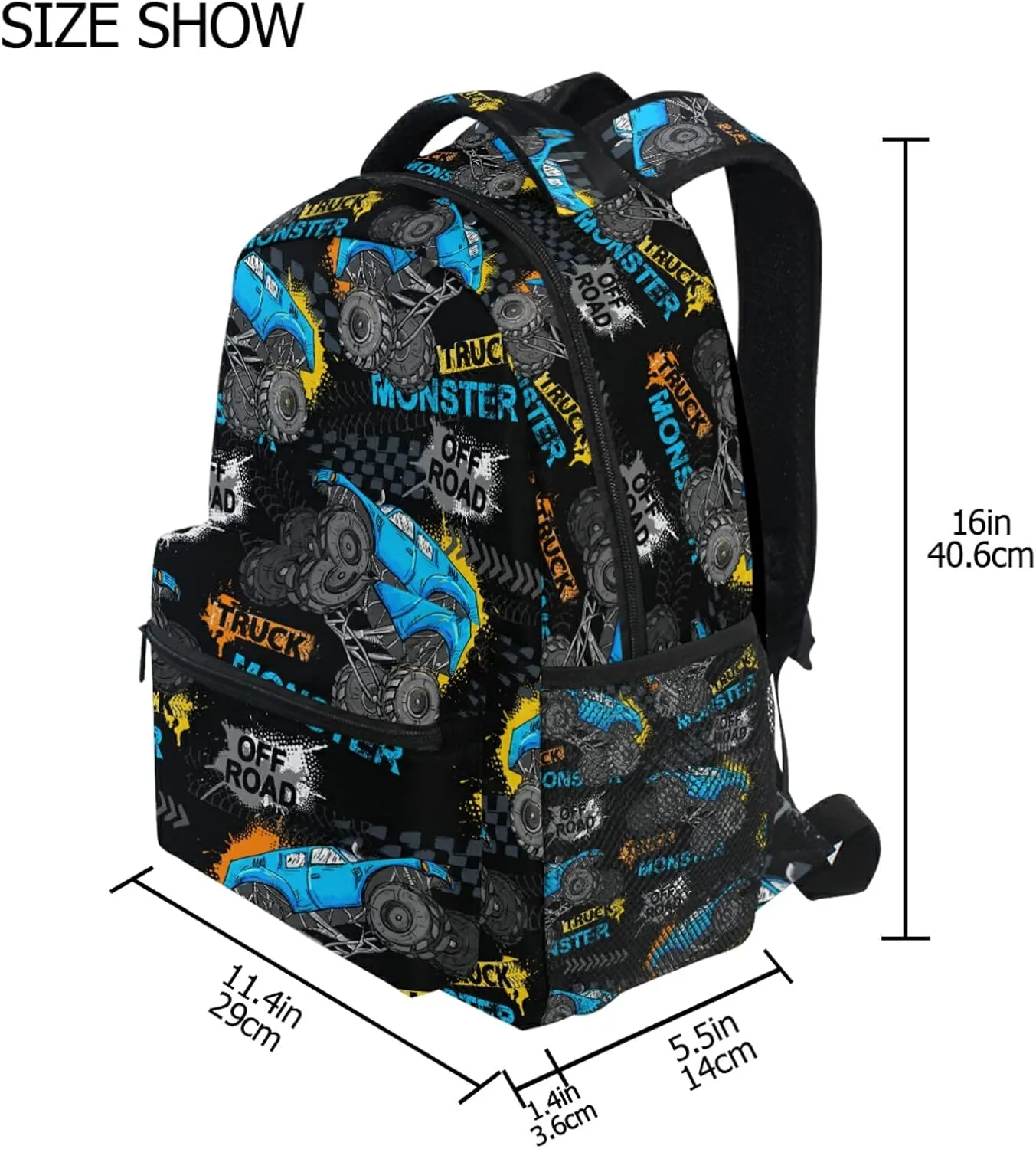 QUGRL Monster Truck Car School Backpack for Girls Boys Urban Style Modern Large Bookbag Laptop Computer Bag Casual Hiking Travel Daypack Backpack Schoolbag for Teens College 16 Inch