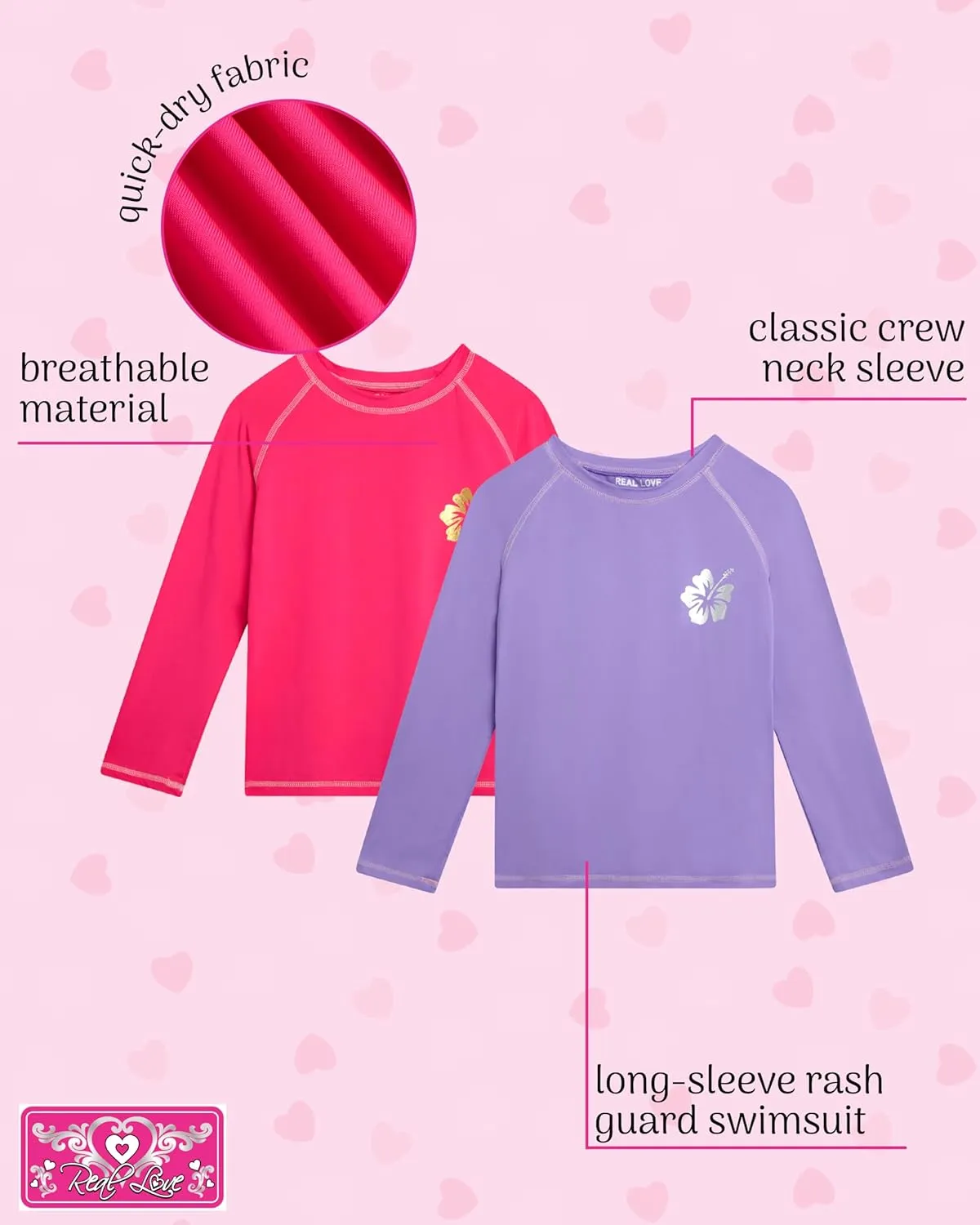 Real Love Girls' Rash Guard Shirts - 2 Piece Quick Dry Crew Neck Long Sleeve Swimming Shirts for Girls (Sizes: 2T-16)