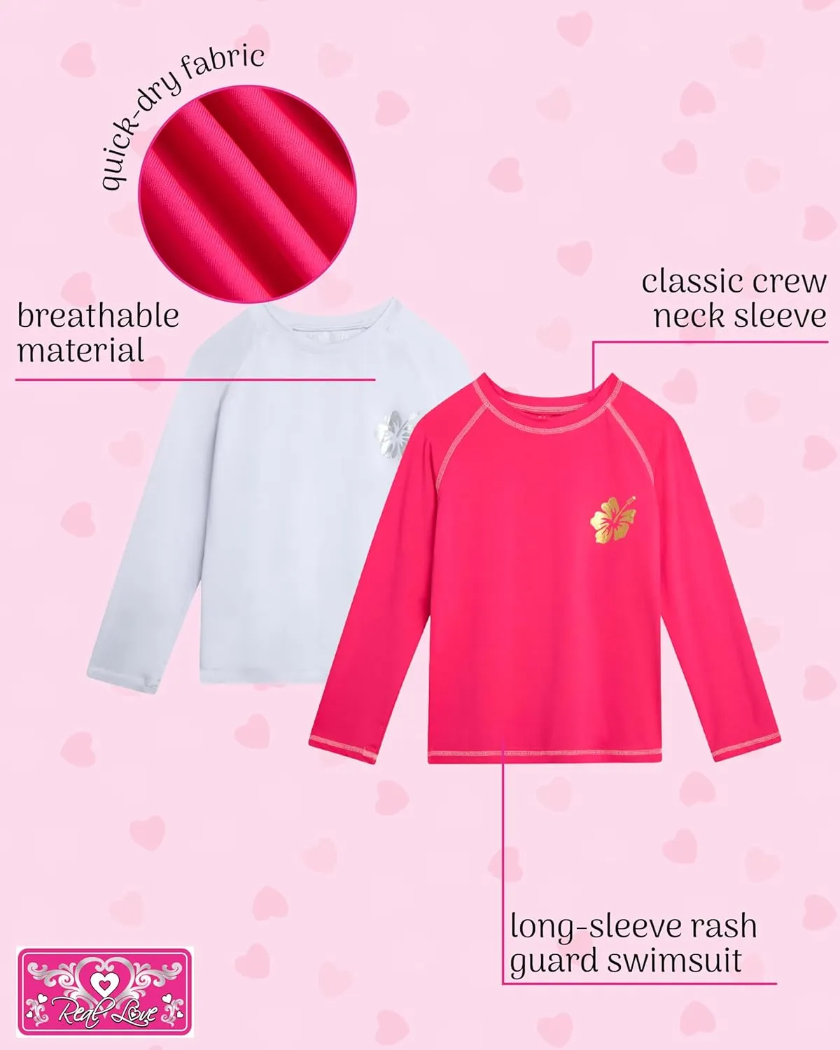 Real Love Girls' Rash Guard Shirts - 2 Piece Quick Dry Crew Neck Long Sleeve Swimming Shirts for Girls (Sizes: 2T-16)