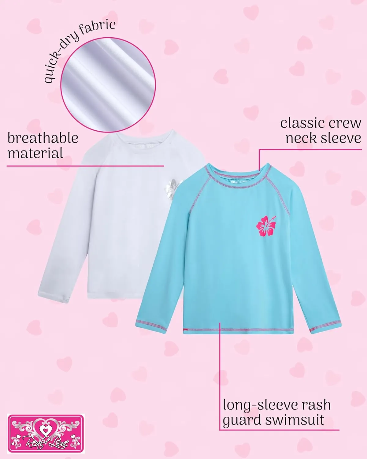 Real Love Girls' Rash Guard Shirts - 2 Piece Quick Dry Crew Neck Long Sleeve Swimming Shirts for Girls (Sizes: 2T-16)